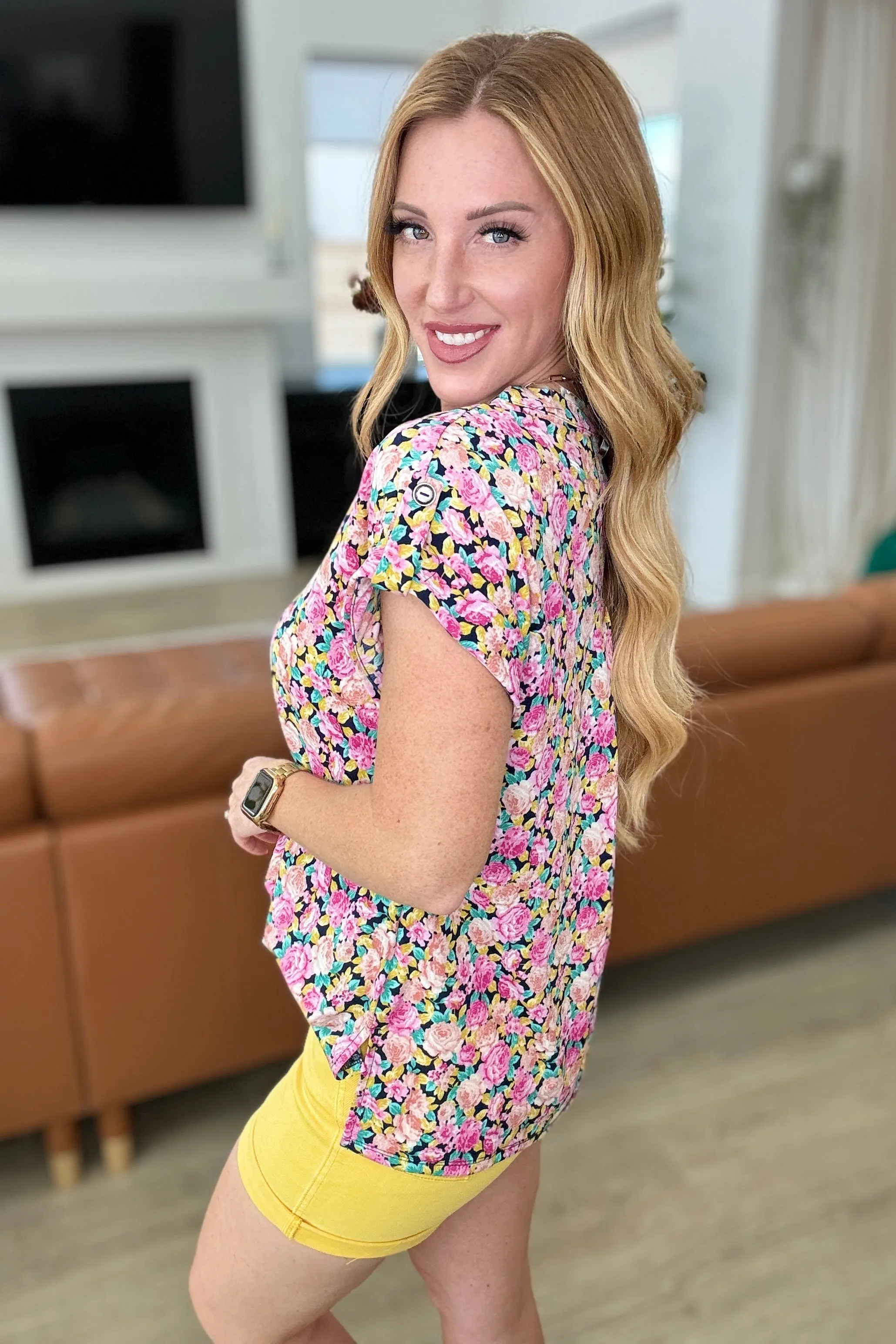 Lizzy Cap Sleeve Top in Navy and Rose Ditsy Floral sold by Charming Charlie product image thumbnail 4