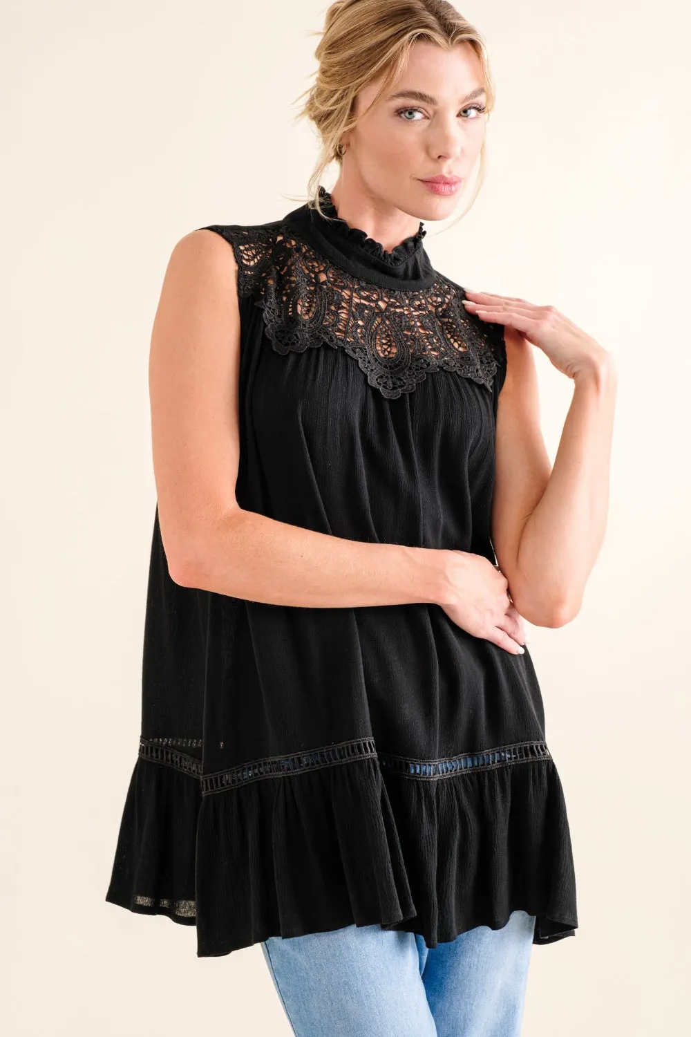 And The Why Lace Detail Sleeveless Ruffled Top sold by Charming Charlie product image thumbnail 3