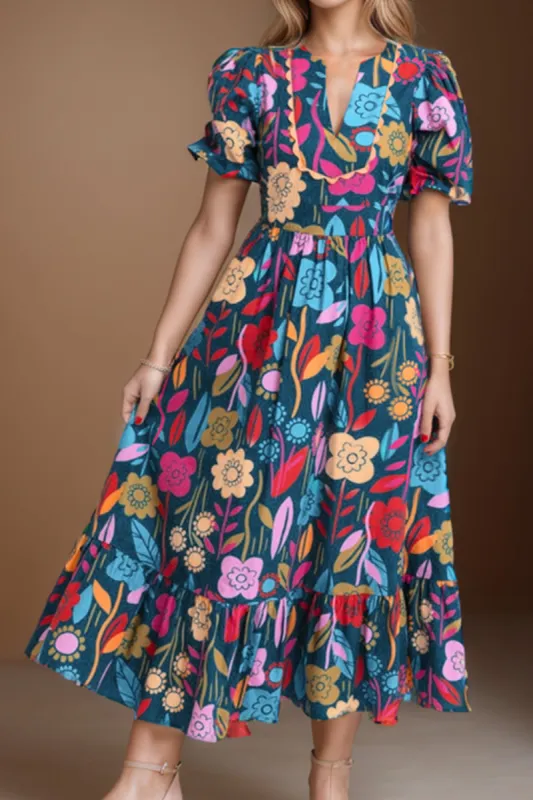 Printed Notched Puff Sleeve Midi Dress sold by Charming Charlie