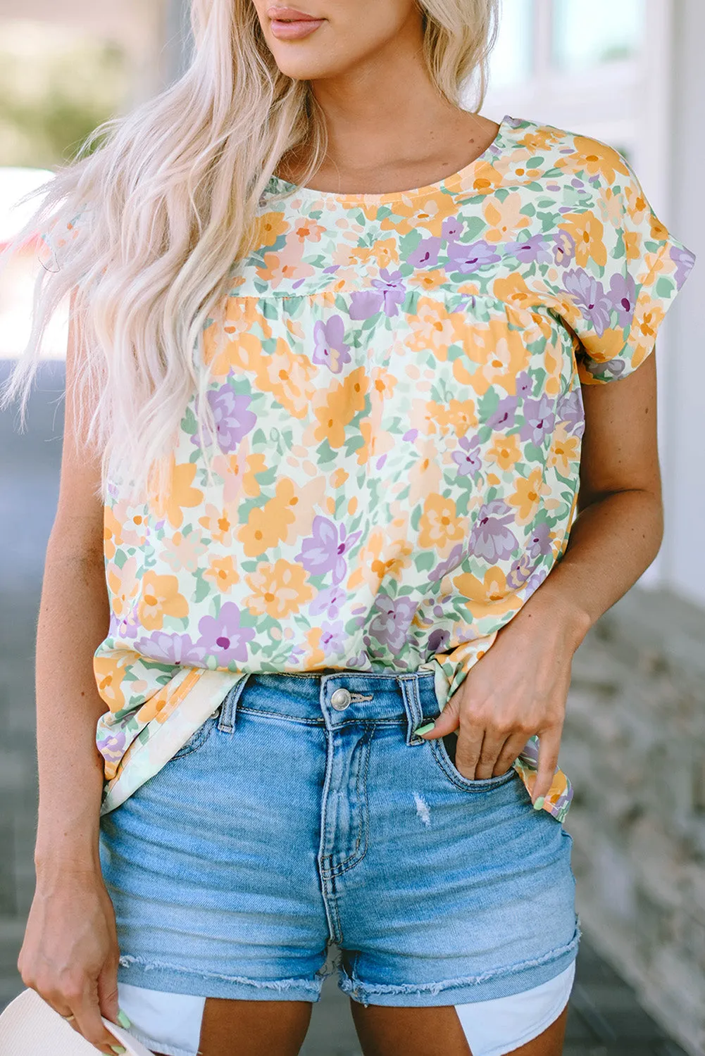Printed Round Neck Cap Sleeve Blouse sold by Charming Charlie