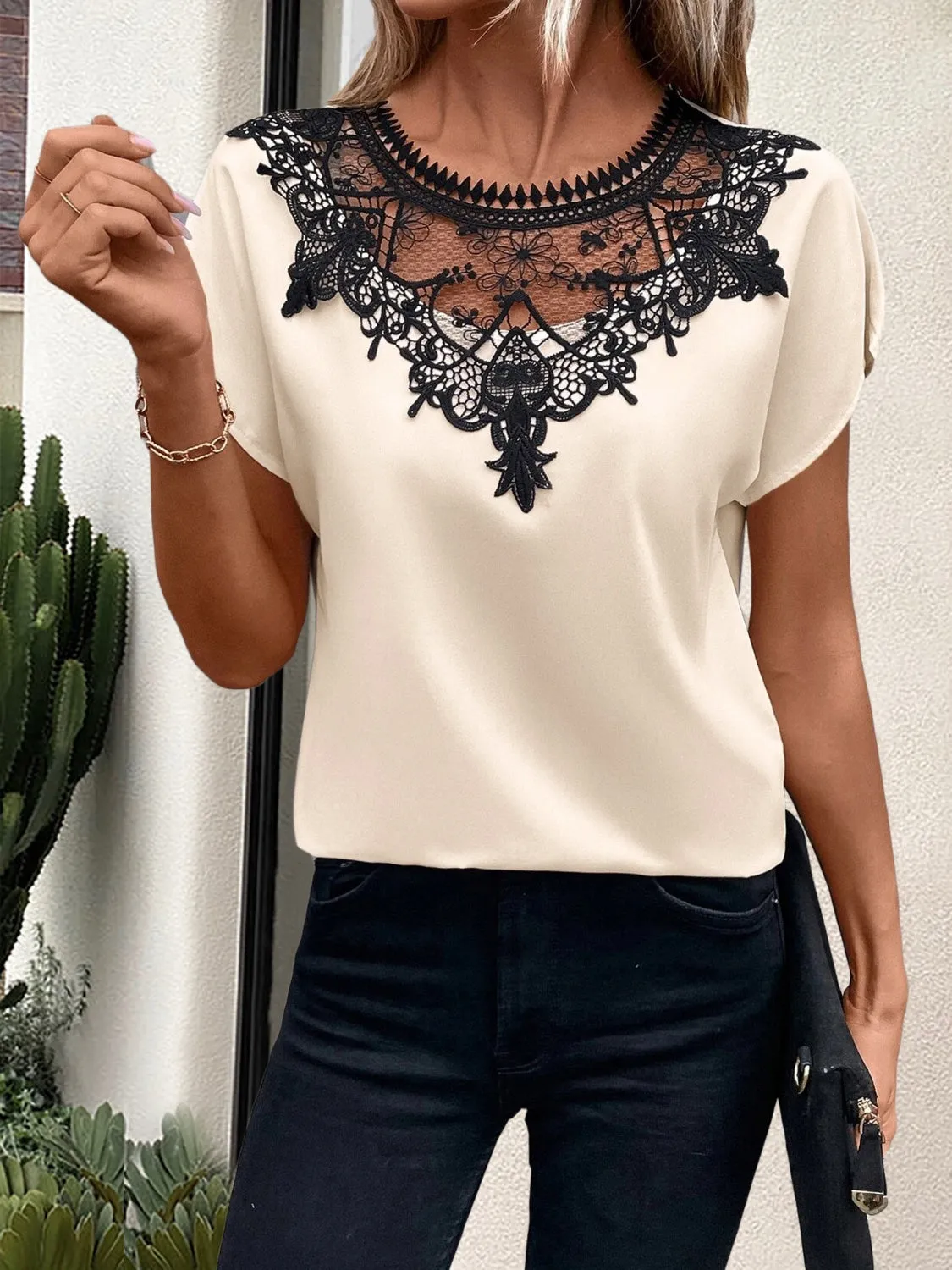 Lace Detail Round Neck Short Sleeve Blouse sold by Charming Charlie product image thumbnail 5