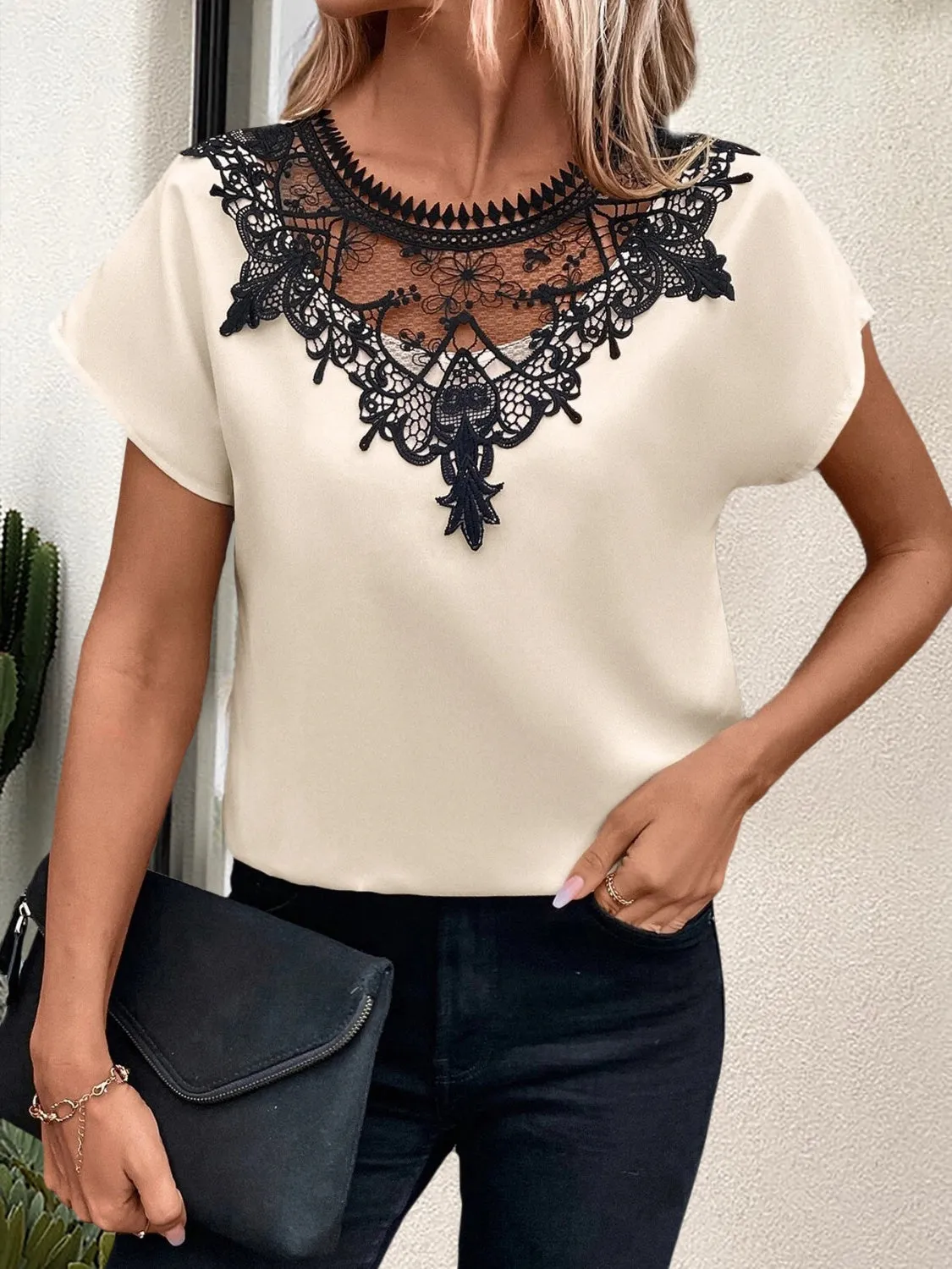 Lace Detail Round Neck Short Sleeve Blouse sold by Charming Charlie product image thumbnail 3