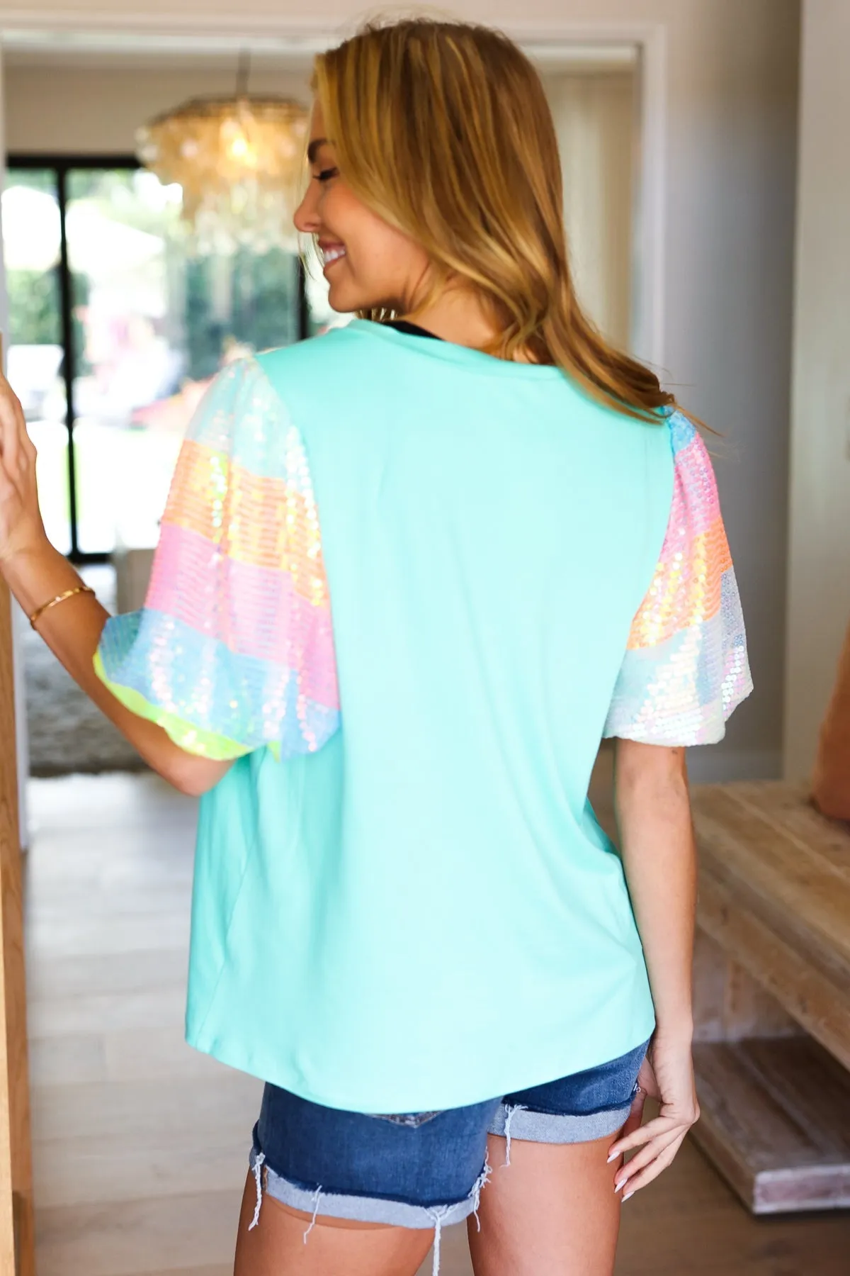 Stand Out Mint Rainbow Sequin Puff Sleeve Top sold by Charming Charlie product image thumbnail 3