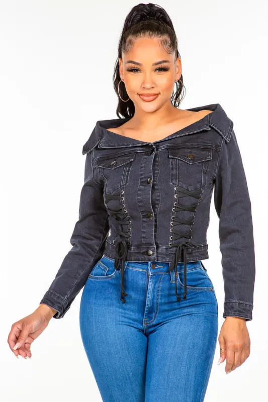 American Bazi Off Shoulder Lace Up Denim Jacket sold by Charming Charlie