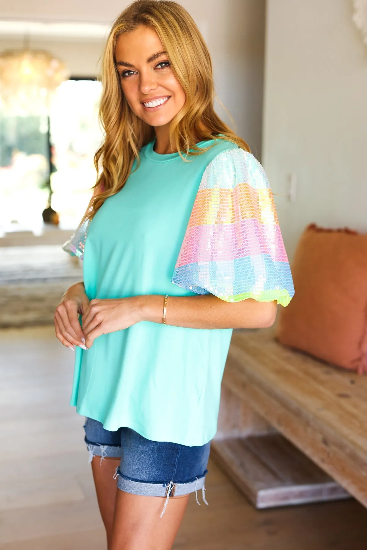 Stand Out Mint Rainbow Sequin Puff Sleeve Top sold by Charming Charlie product image thumbnail 4