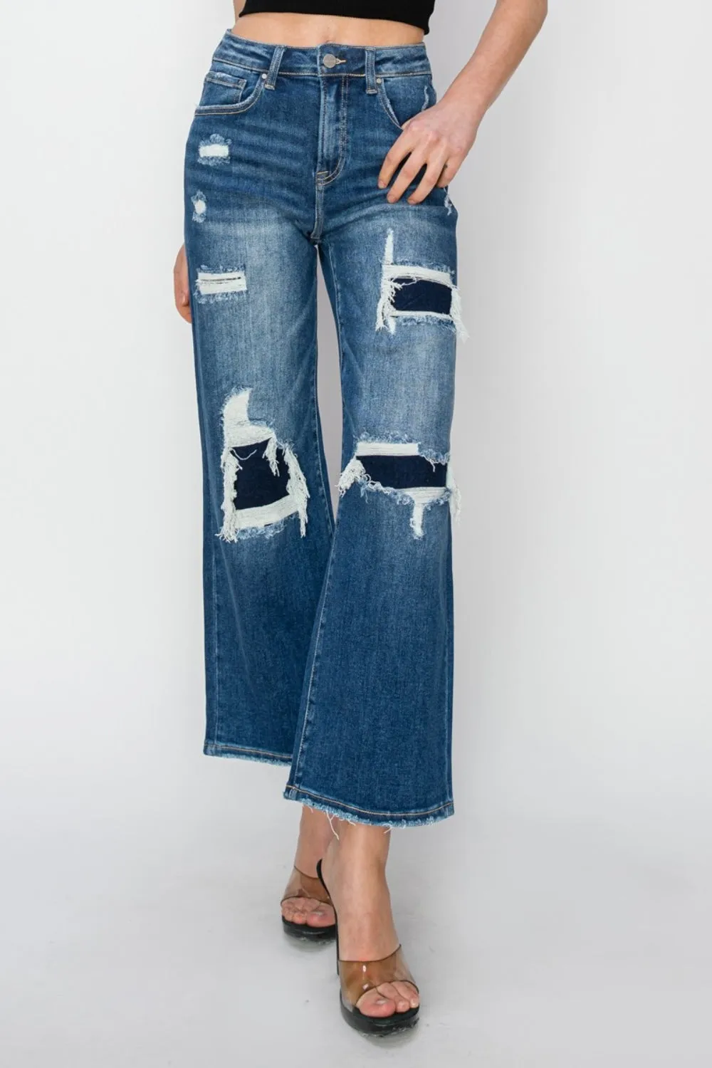 Risen Full Size High Rise Patch Detailed Wide Leg Crop Jeans sold by Charming Charlie product image thumbnail 4