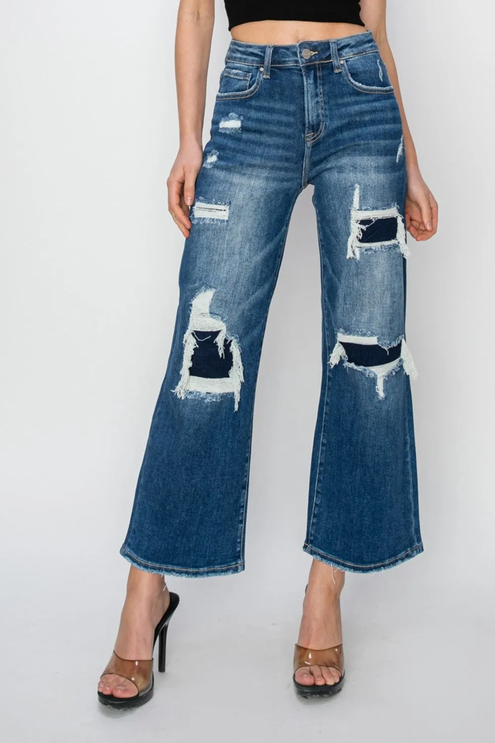 Risen Full Size High Rise Patch Detailed Wide Leg Crop Jeans sold by Charming Charlie