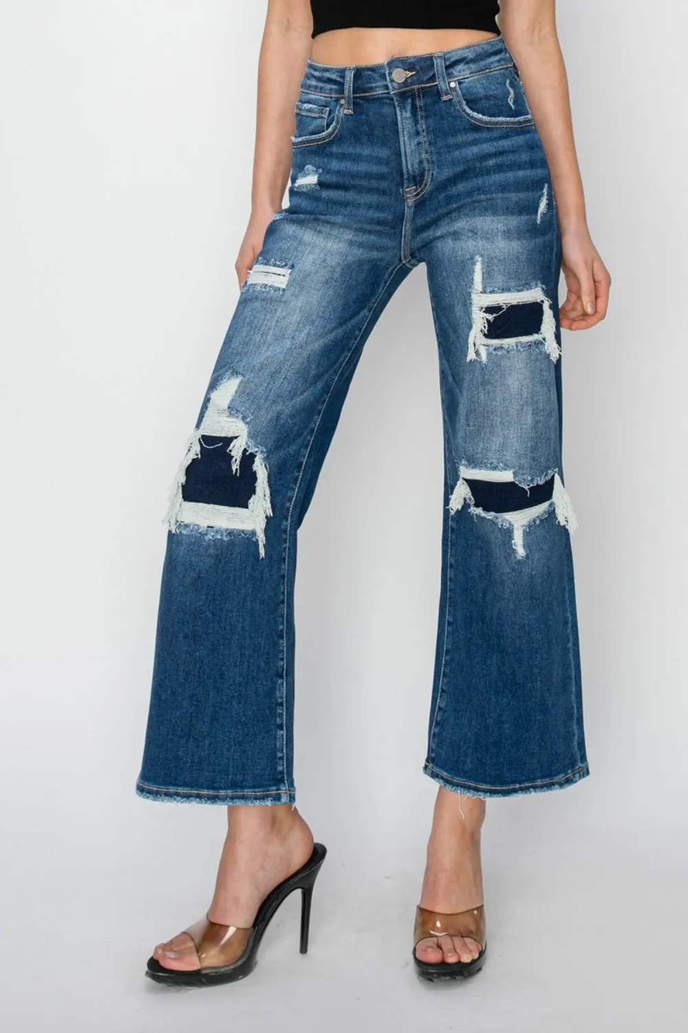 Risen Full Size High Rise Patch Detailed Wide Leg Crop Jeans sold by Charming Charlie product image thumbnail 5