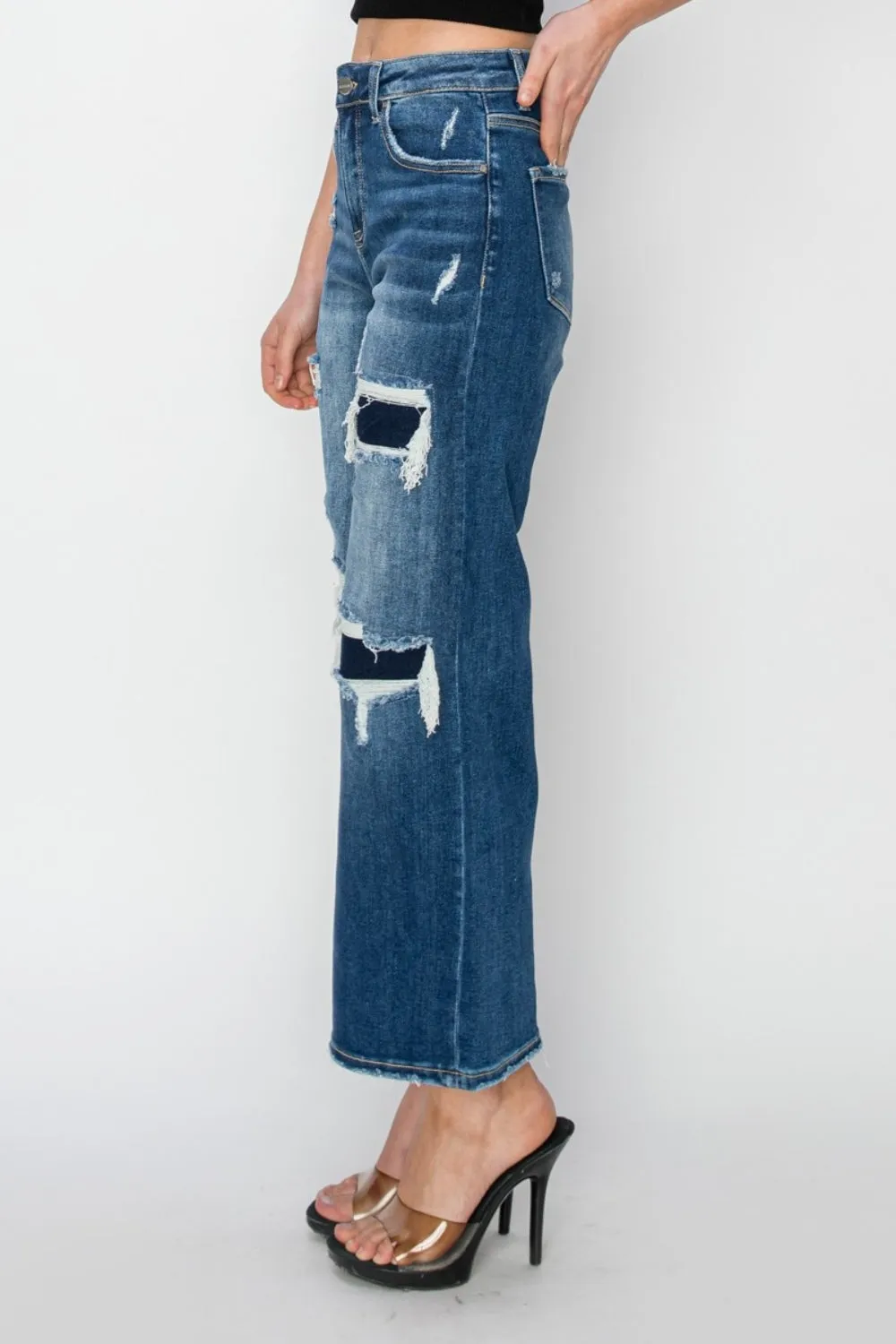 Risen Full Size High Rise Patch Detailed Wide Leg Crop Jeans sold by Charming Charlie product image thumbnail 3