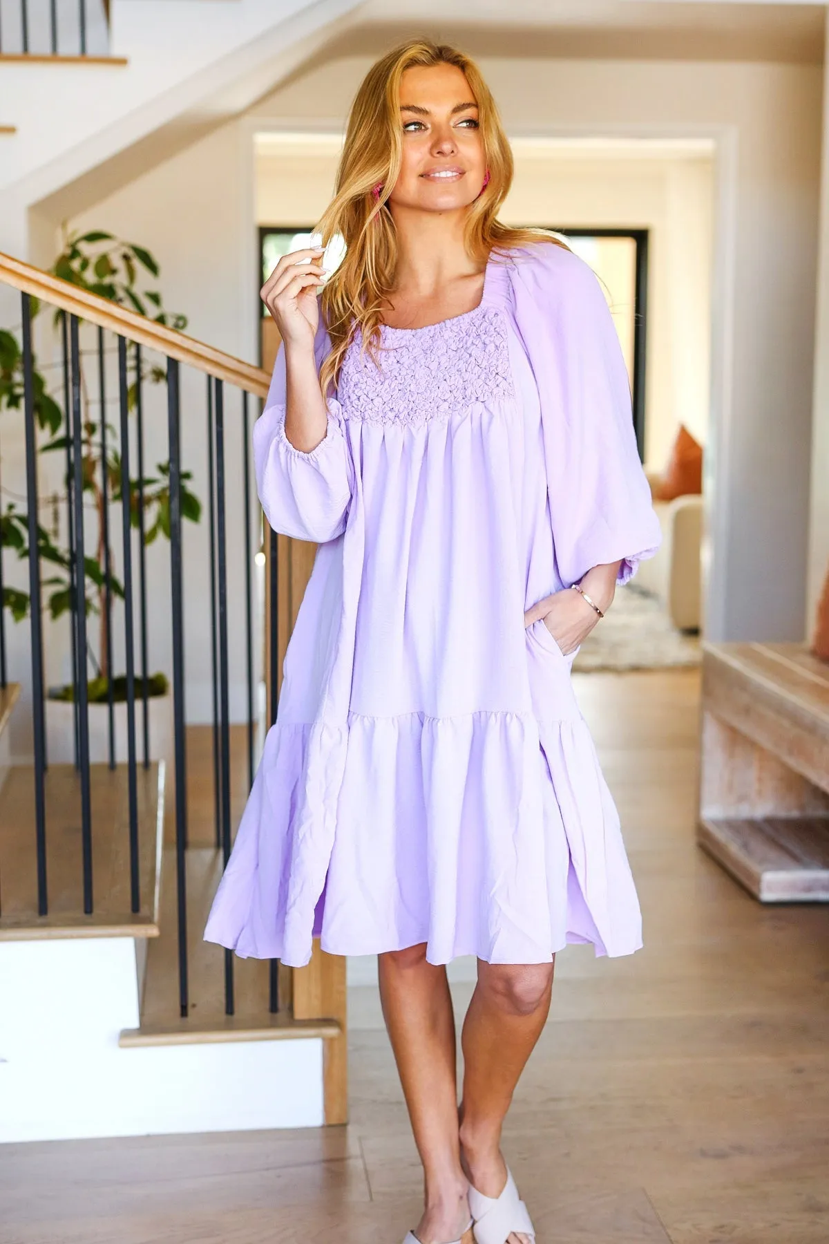 Love Found Lilac Square Neck Smocked Dress sold by Charming Charlie