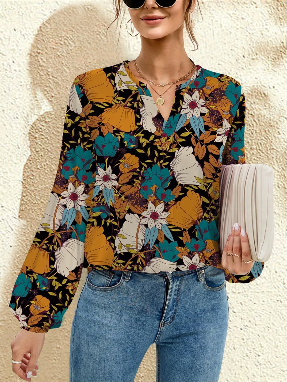 Printed Notched Long Sleeve Blouse sold by Charming Charlie product image thumbnail 4