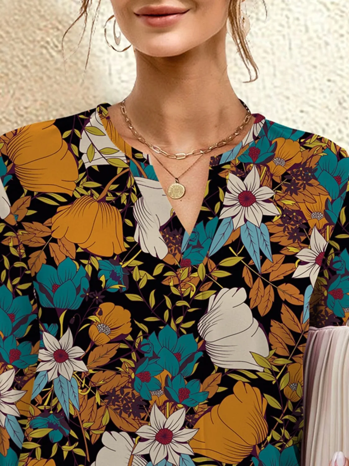 Printed Notched Long Sleeve Blouse sold by Charming Charlie product image thumbnail 5