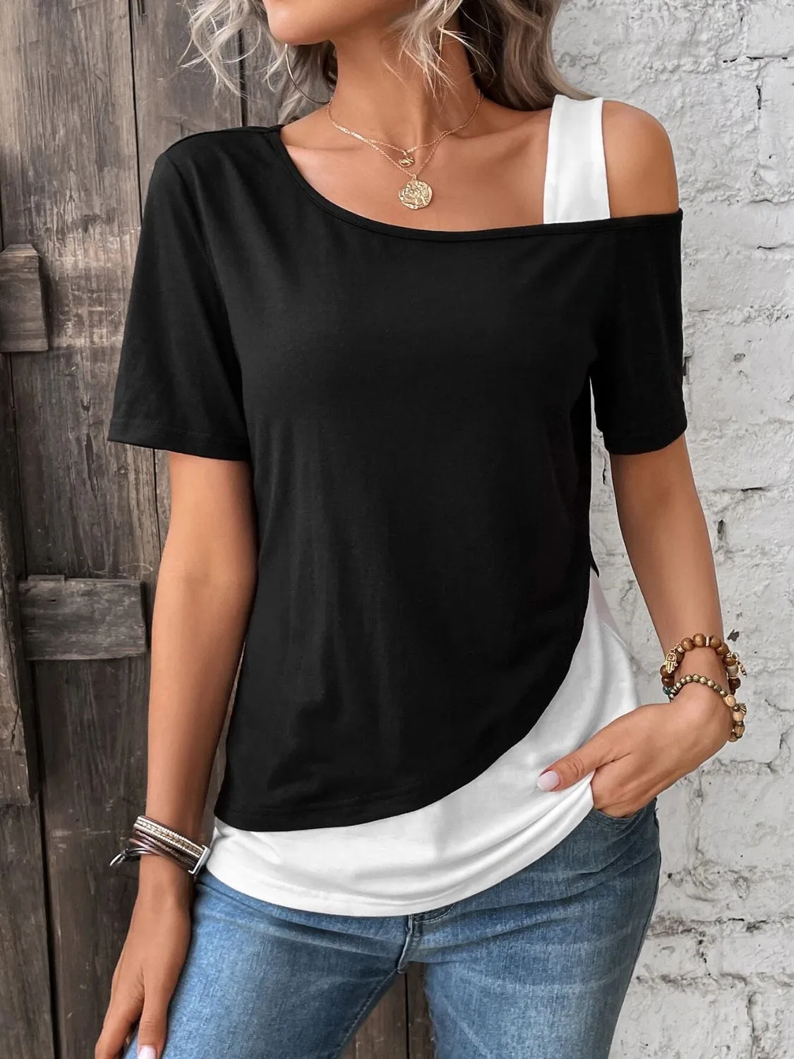 Contrast Asymmetrical Neck Short Sleeve T-Shirt sold by Charming Charlie