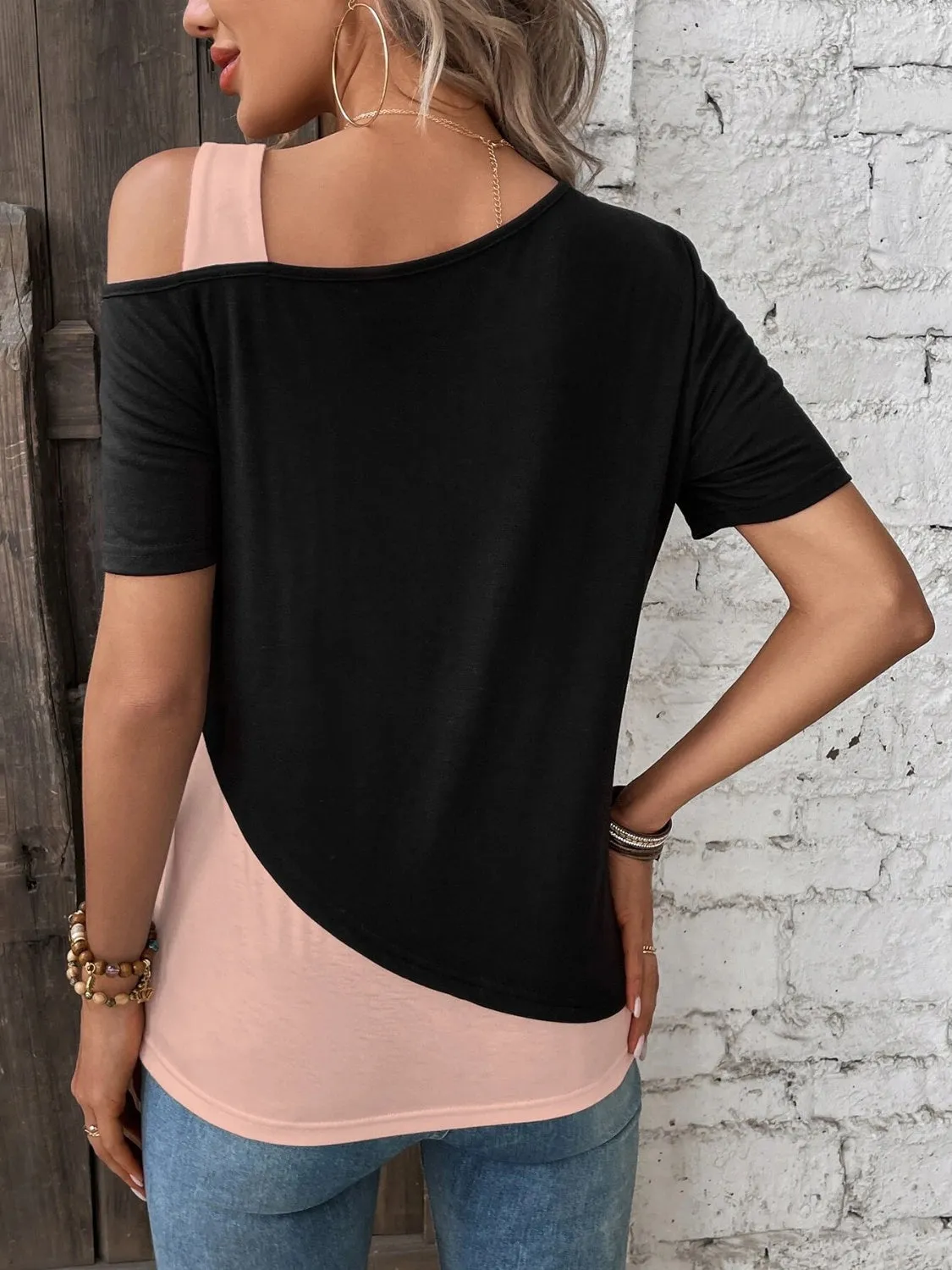 Contrast Asymmetrical Neck Short Sleeve T-Shirt sold by Charming Charlie product image thumbnail 5