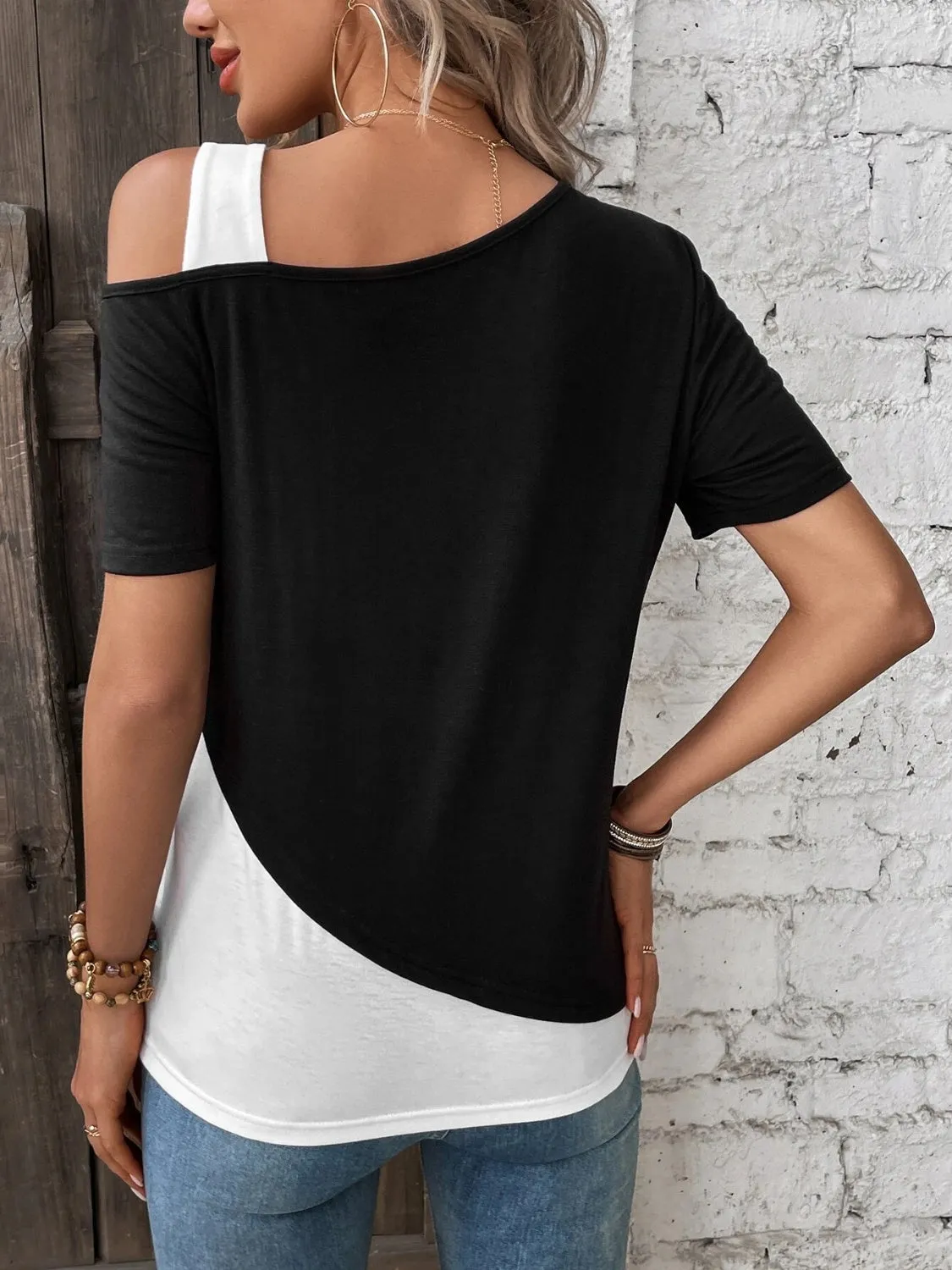 Contrast Asymmetrical Neck Short Sleeve T-Shirt sold by Charming Charlie product image thumbnail 2
