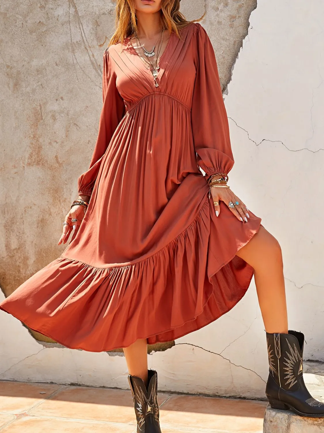 Ruched V-Neck Long Sleeve Midi Dress sold by Charming Charlie product image thumbnail 3