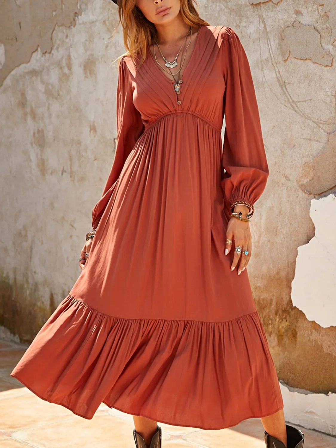Ruched V-Neck Long Sleeve Midi Dress sold by Charming Charlie product image thumbnail 4