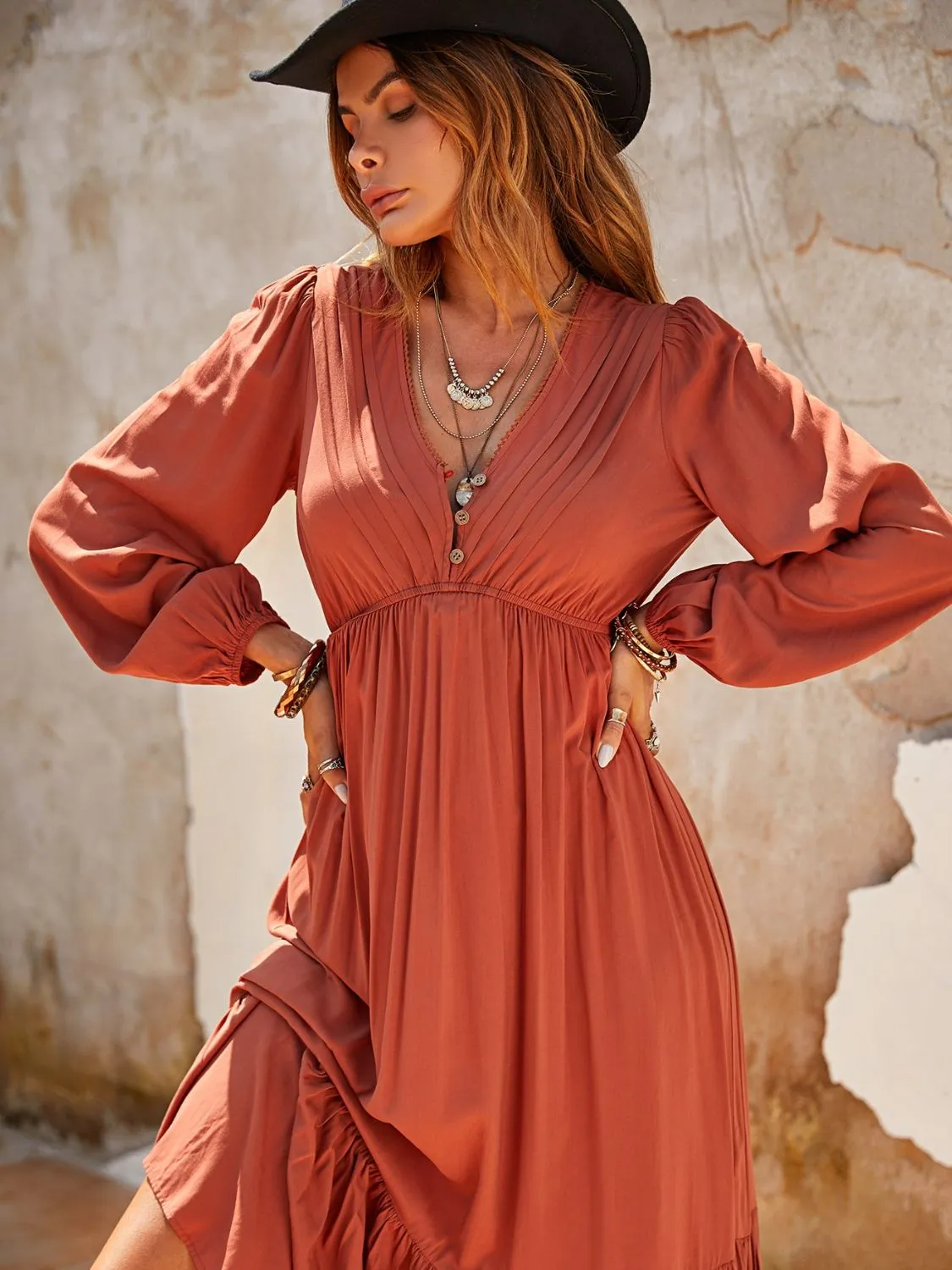 Ruched V-Neck Long Sleeve Midi Dress sold by Charming Charlie product image thumbnail 5