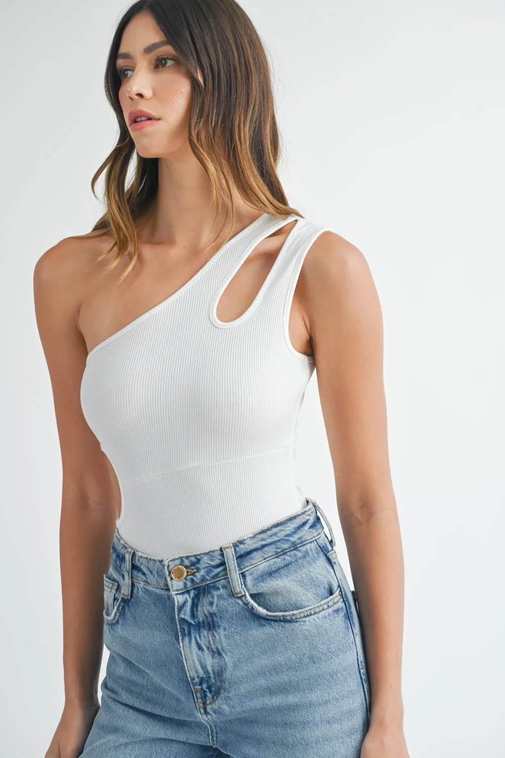 MABLE One Shoulder Ribbed Cutout Detail Bodysuit sold by Charming Charlie product image thumbnail 2