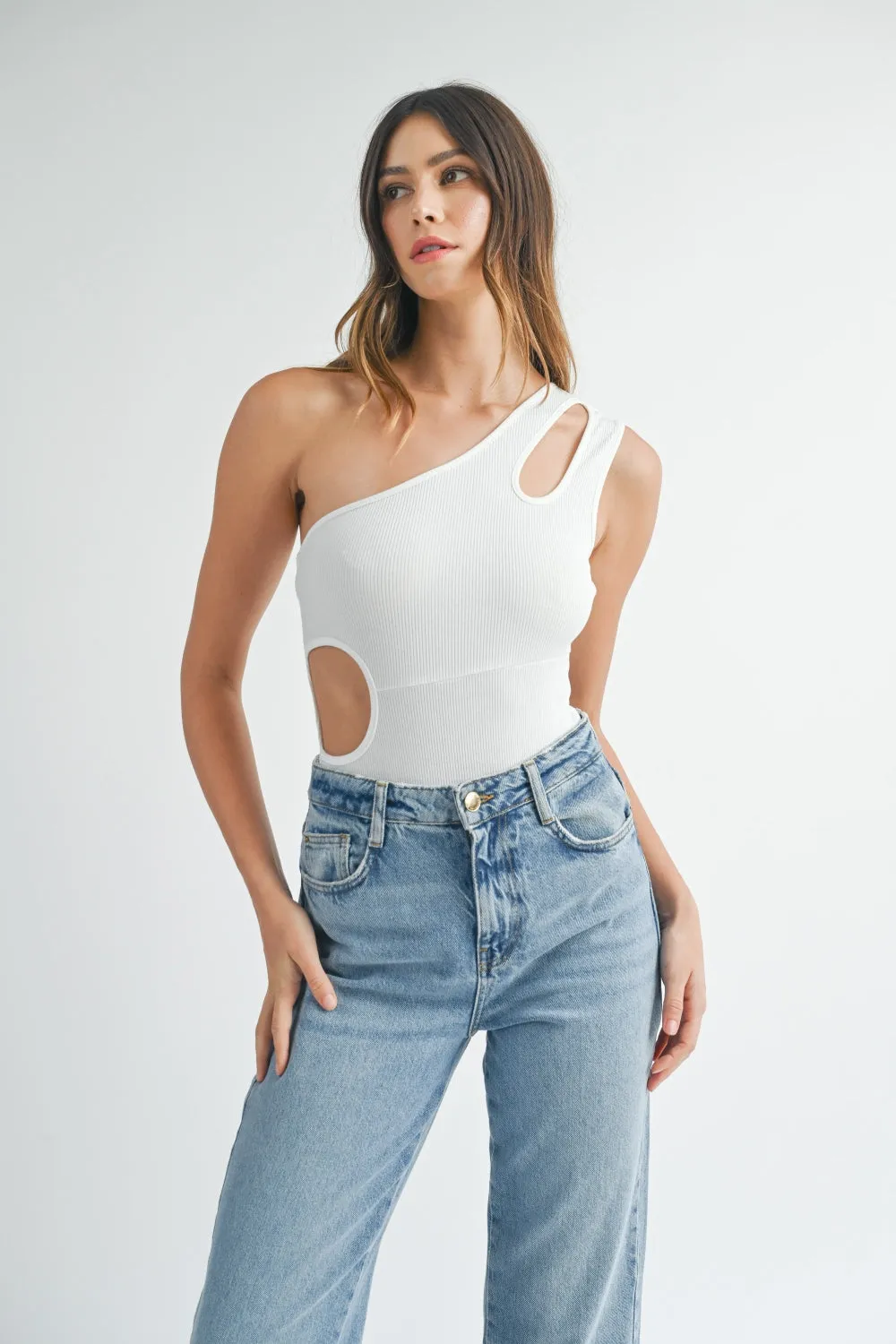 MABLE One Shoulder Ribbed Cutout Detail Bodysuit sold by Charming Charlie product image thumbnail 3
