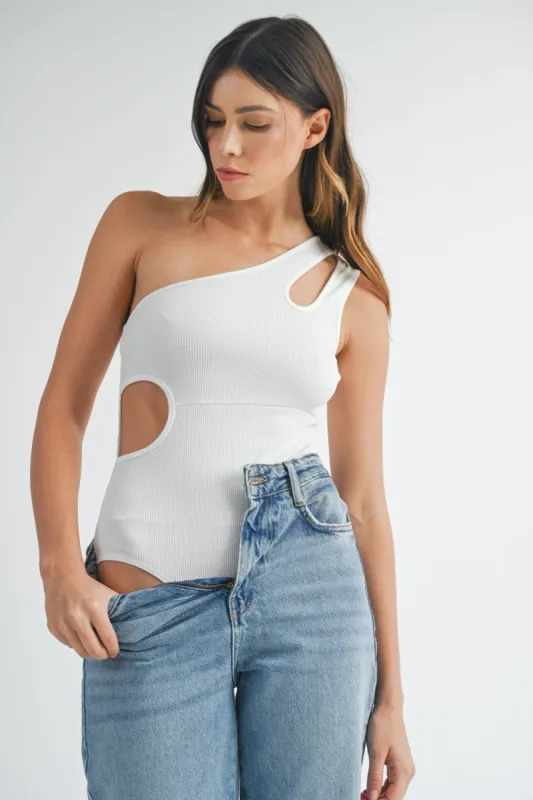 MABLE One Shoulder Ribbed Cutout Detail Bodysuit sold by Charming Charlie