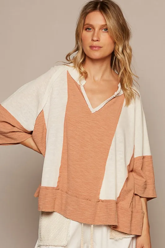 POL Notched Frayed Edge Contrast Top sold by Charming Charlie