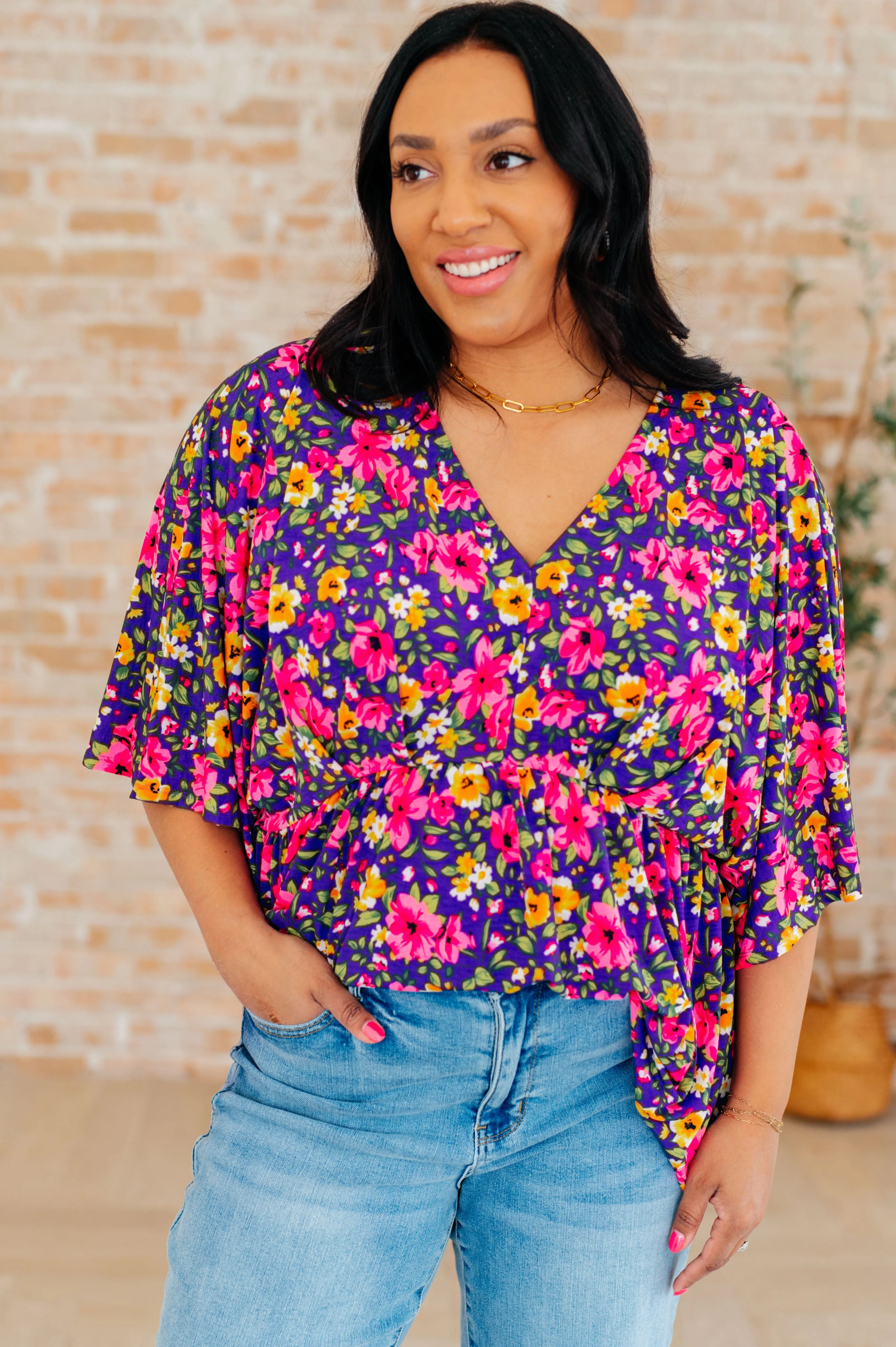 Dreamer Peplum Top in Purple and Pink Floral sold by Charming Charlie product image thumbnail 2