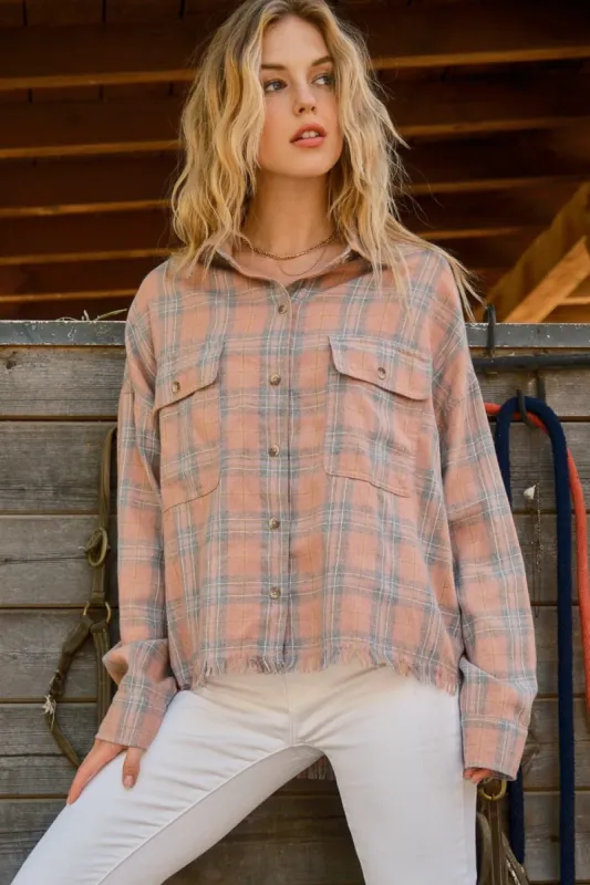 And The Why Full Size Plaid Button Up Raw Hem Shirt sold by Charming Charlie