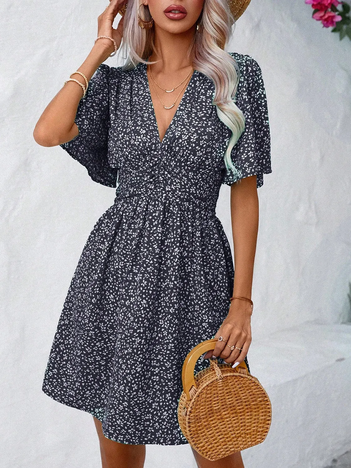 Printed V-Neck Half Sleeve Mini Dress sold by Charming Charlie