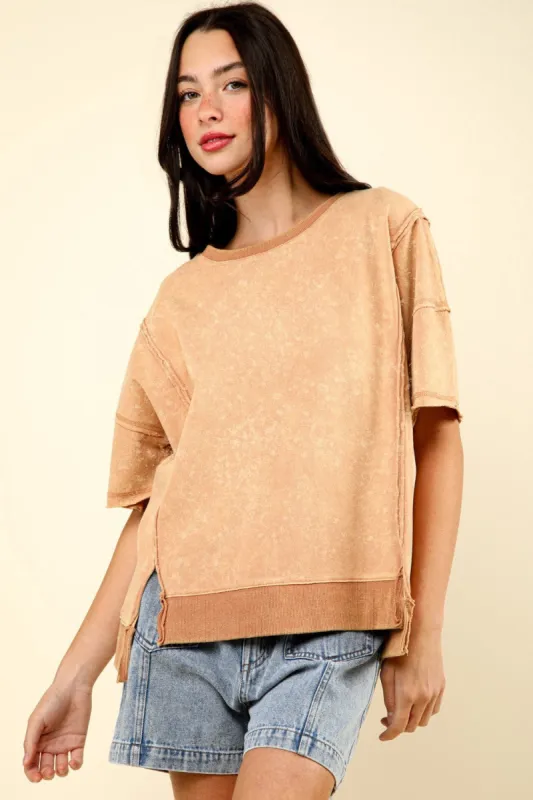 VERY J Round Neck Exposed Seam Slit T-Shirt sold by Charming Charlie
