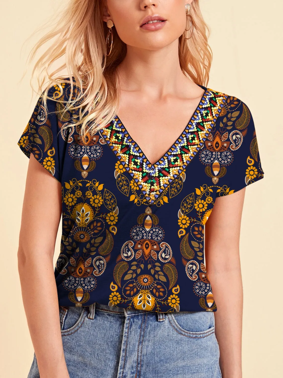 Printed V-Neck Short Sleeve T-Shirt sold by Charming Charlie
