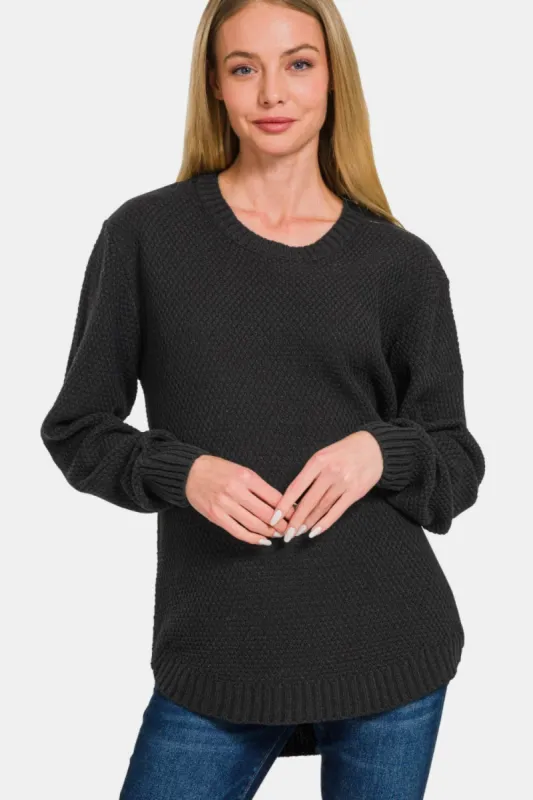 Zenana Ful Size Round Neck Long Sleeve Curved Hem Sweater sold by Charming Charlie