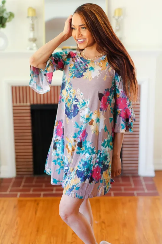 Spread Joy Teal & Fuchsia Watercolor Floral Ruffle Sleeve Dress sold by Charming Charlie