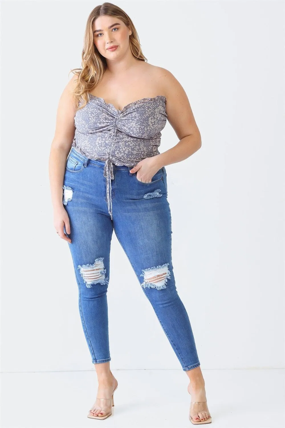 Zenobia Plus Size Drawstring Smocked Floral Tube Top sold by Charming Charlie product image thumbnail 3