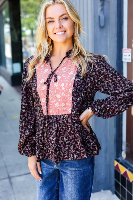 Black Floral Beaded Tie Peasant Woven Blouse sold by Charming Charlie