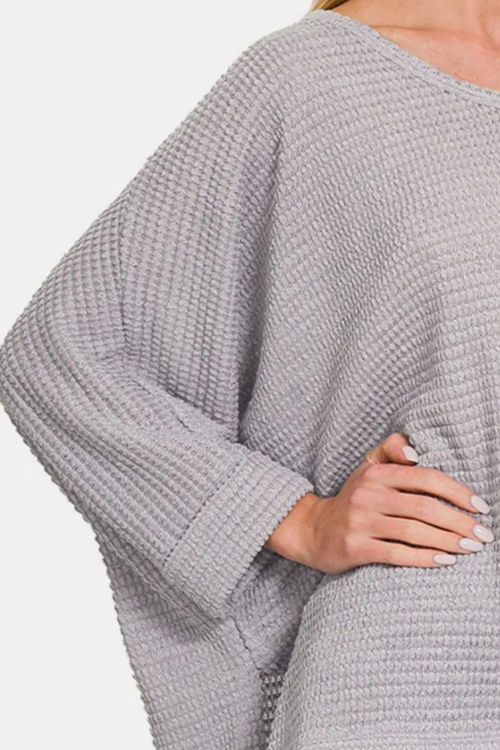 Zenana Waffle Knit V-Neck Long Sleeve Slit Top sold by Charming Charlie product image thumbnail 3