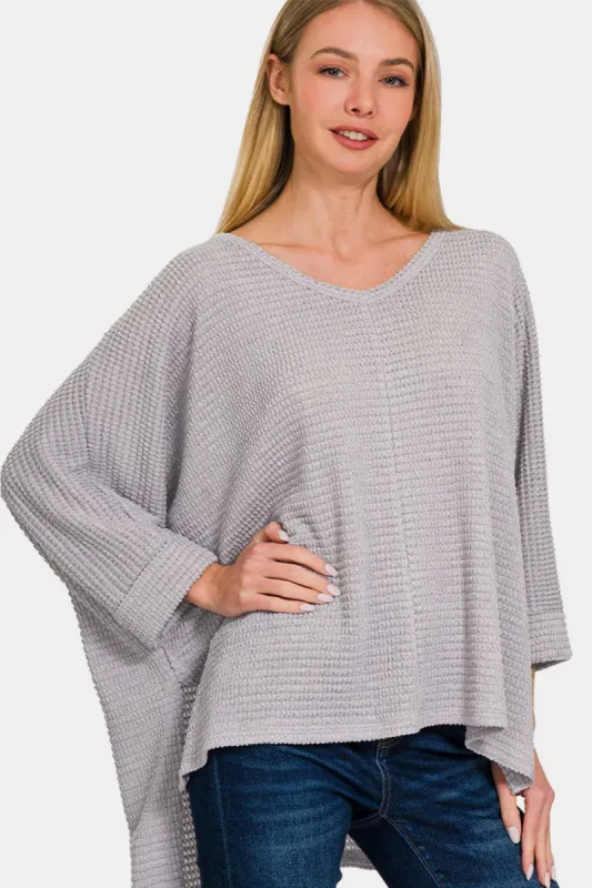Zenana Waffle Knit V-Neck Long Sleeve Slit Top sold by Charming Charlie