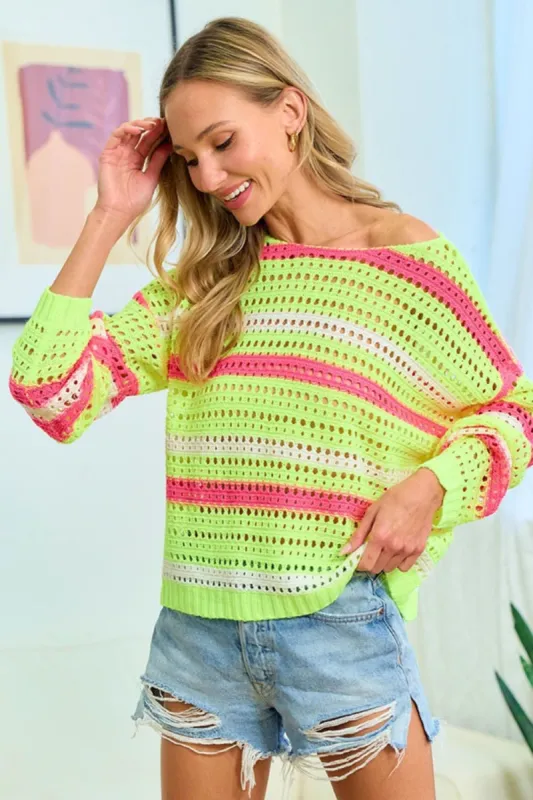 First Love Striped Long Sleeve Openwork Knit Top sold by Charming Charlie