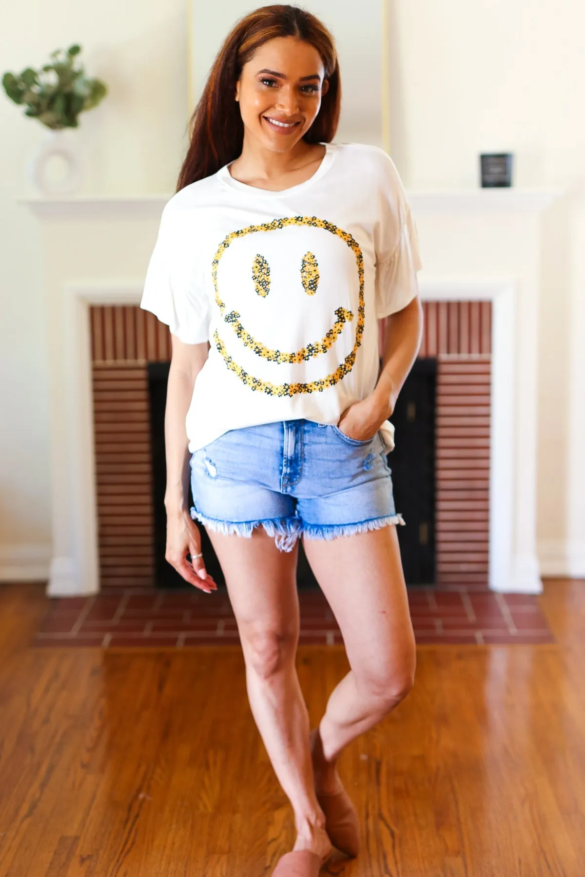 Live For Today White Floral Smiley Face Flutter Sleeve Tee sold by Charming Charlie product image thumbnail 4