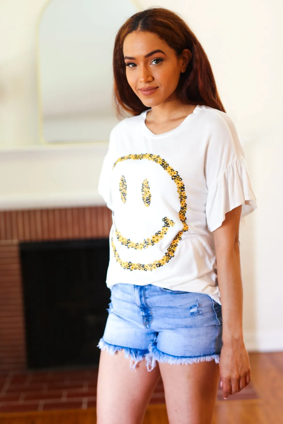 Live For Today White Floral Smiley Face Flutter Sleeve Tee sold by Charming Charlie product image thumbnail 3