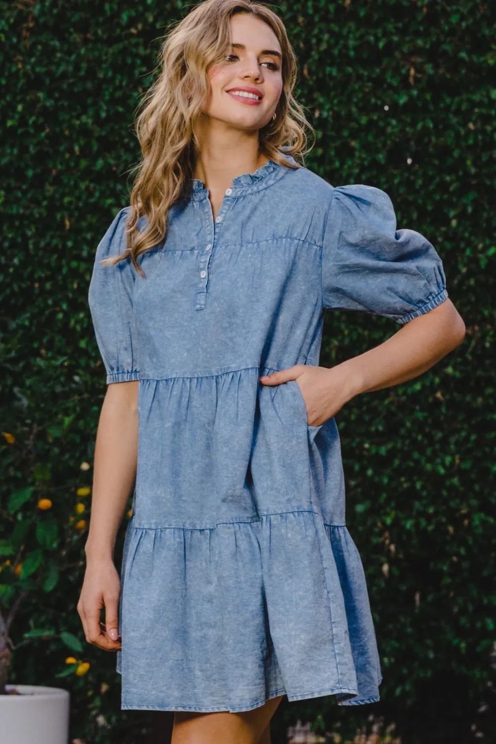 ODDI Washed Tiered Mini Denim Dress sold by Charming Charlie product image thumbnail 4