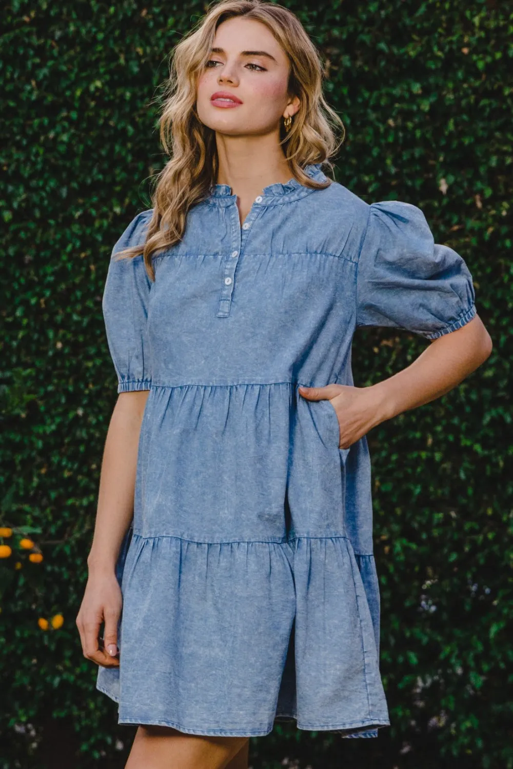 ODDI Washed Tiered Mini Denim Dress sold by Charming Charlie