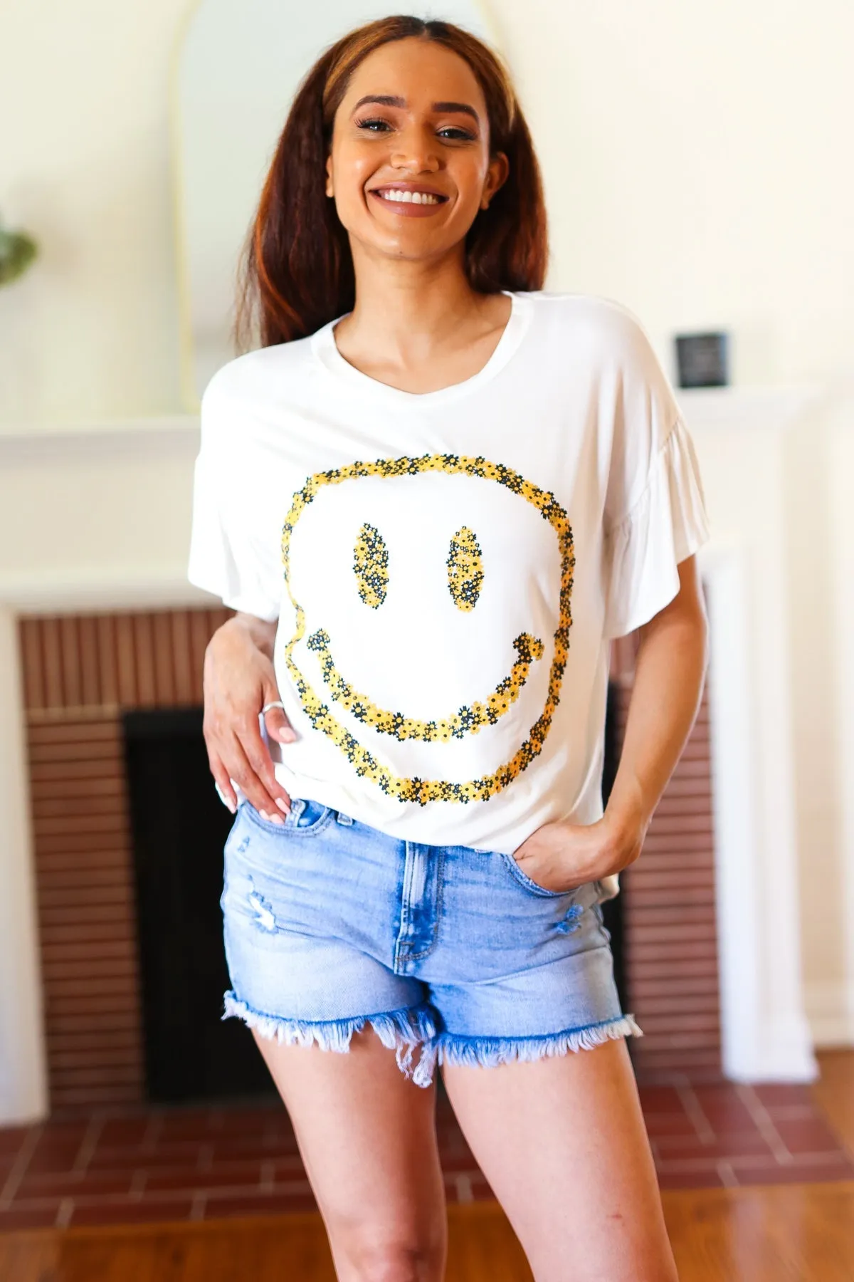 Live For Today White Floral Smiley Face Flutter Sleeve Tee sold by Charming Charlie