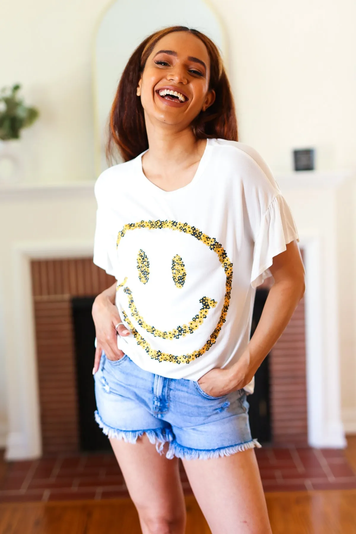 Live For Today White Floral Smiley Face Flutter Sleeve Tee sold by Charming Charlie product image thumbnail 5