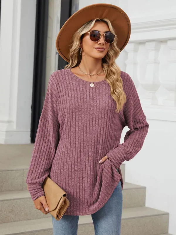 Ribbed Round Neck Long Sleeve T-Shirt sold by Charming Charlie