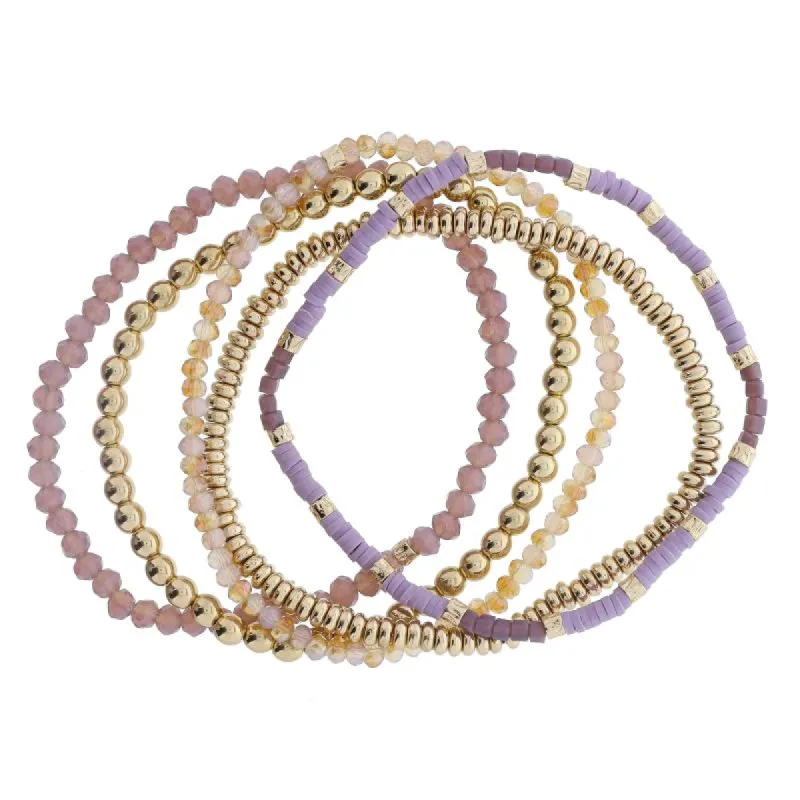 Set of 5 Coordinating Purple, Dusty Lavender, Gold Beaded Bracelets, 8" Around sold by Charming Charlie
