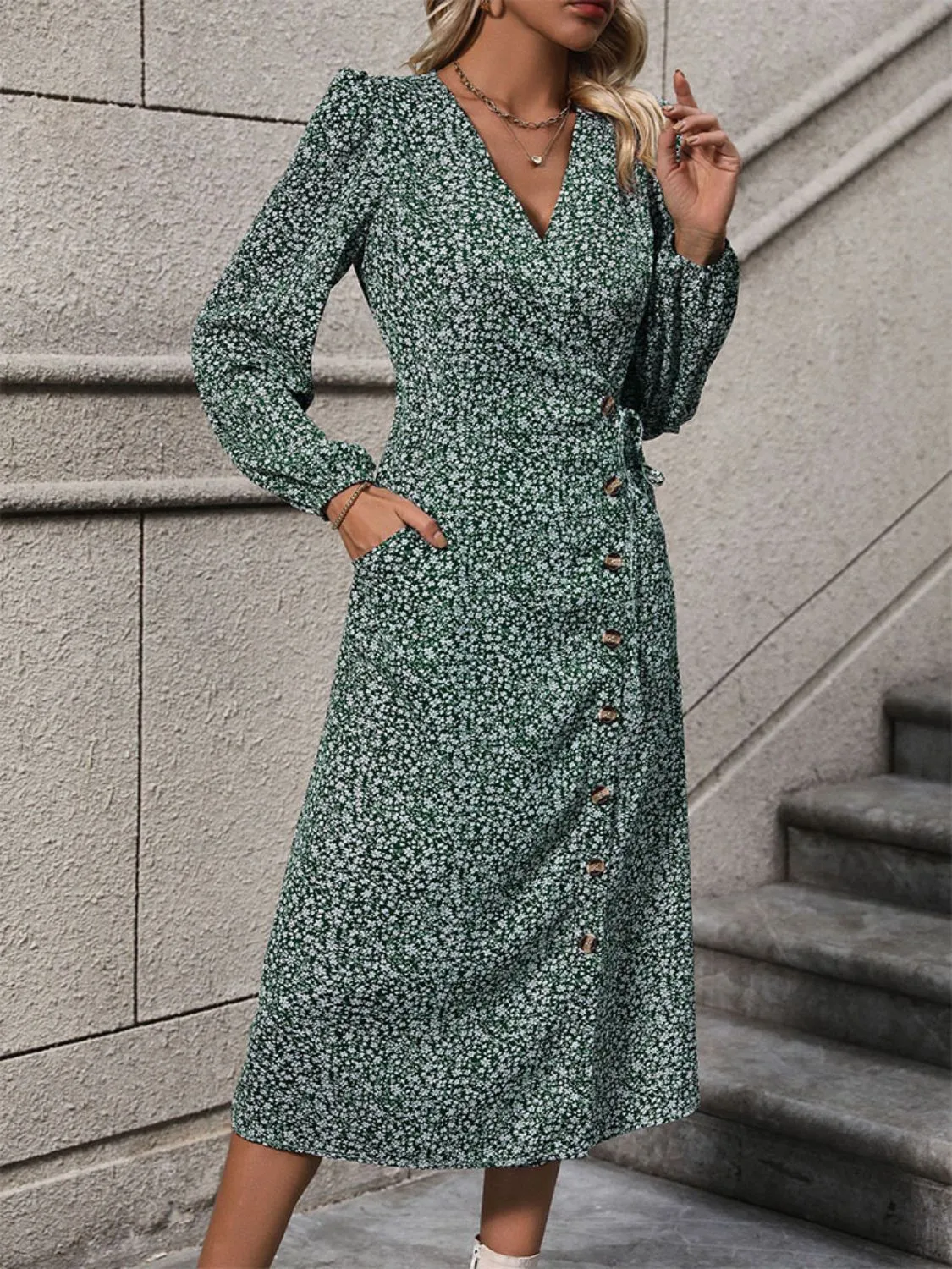 Printed Surplice Long Sleeve Midi Dress sold by Charming Charlie product image thumbnail 3