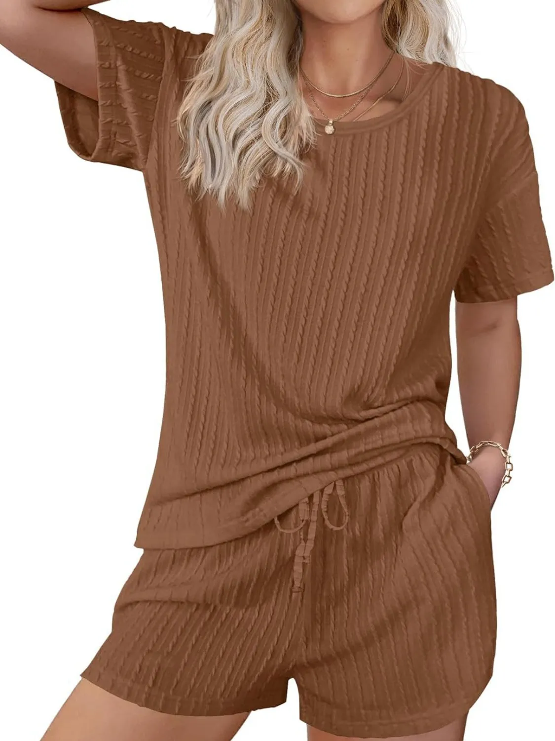 Textured Round Neck Top and Shorts Set sold by Charming Charlie product image thumbnail 3