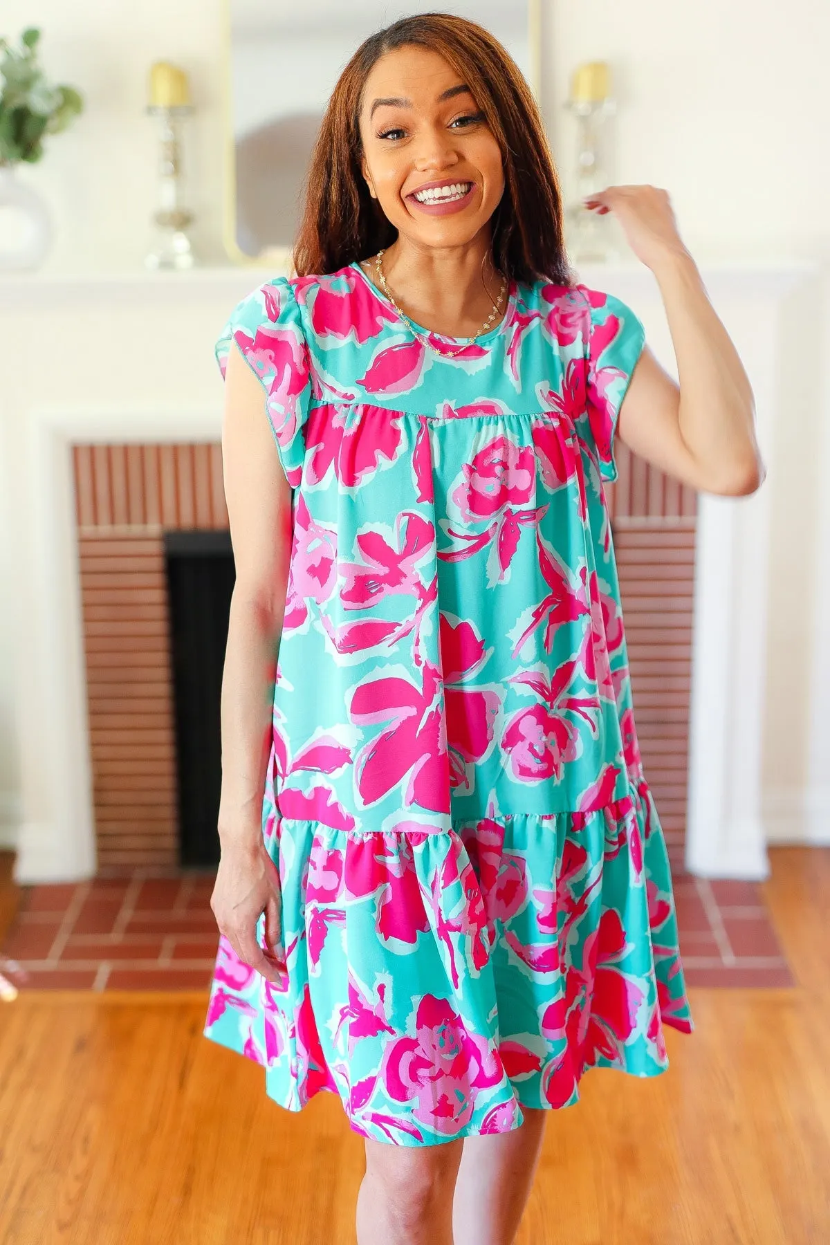 Diva Dreaming Aqua & Fuchsia Floral Print Tiered Ruffle Sleeve Dress sold by Charming Charlie product image thumbnail 2