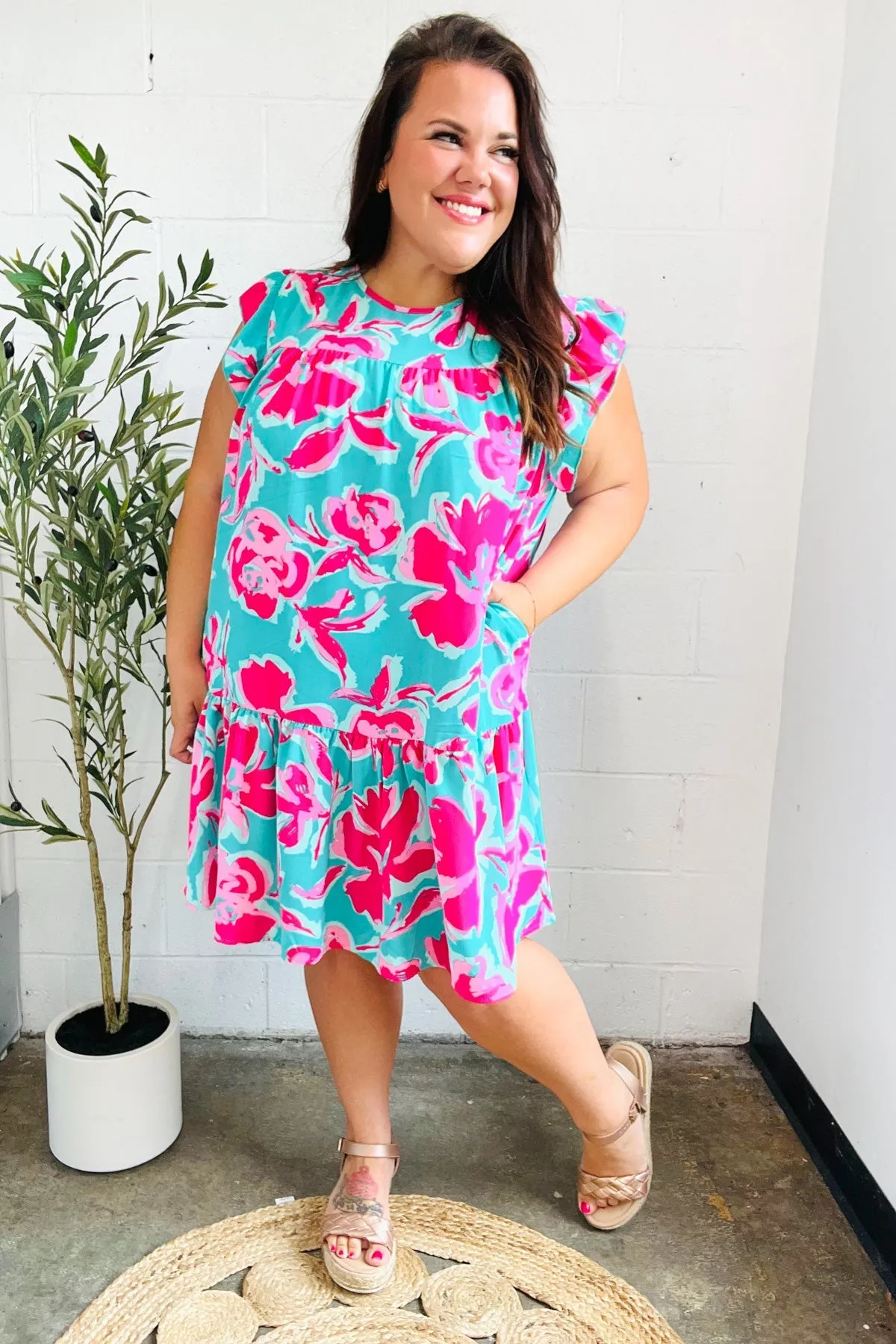 Diva Dreaming Aqua & Fuchsia Floral Print Tiered Ruffle Sleeve Dress sold by Charming Charlie product image thumbnail 5